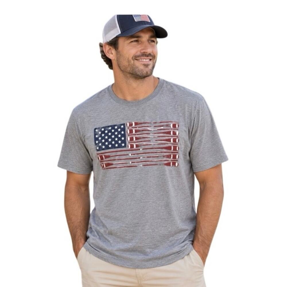 J.Crew Men’s Medium American Flag Baseball Bat Graphic Tee Gray Patriotic USA